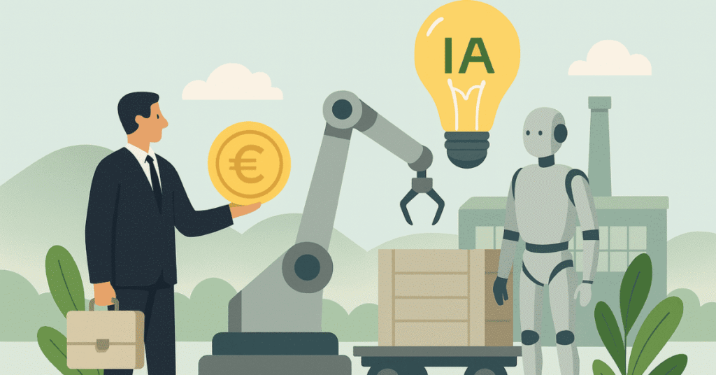 Illustration eines Investors mit einer Euro-Münze, der Investitionen in künstliche Intelligenz und Robotik betrachtet, dargestellt durch eine IA-Glühbirne, einen Roboter und einen Maschinenarm.