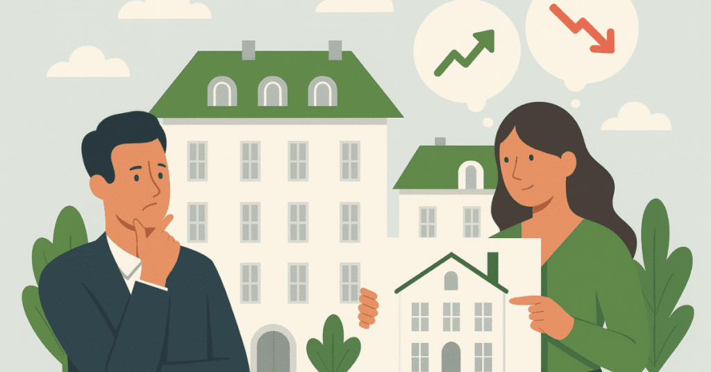 Frau präsentiert einem nachdenklichen Mann eine Immobiliengrafik, während sie über mögliche Investitionen und deren steigende oder fallende Werte diskutieren.