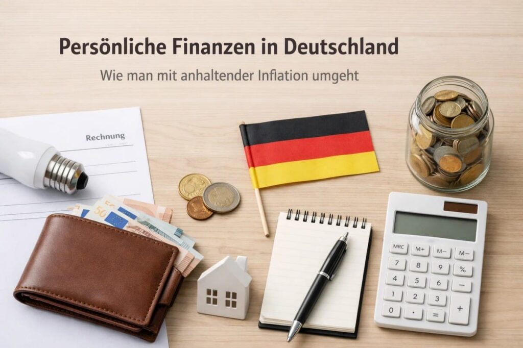 Eine übersichtliche Darstellung zum Thema Finanzen in Deutschland mit Geldscheinen, Münzen in einem Glas, einer Geldbörse, einem Notizblock mit Stift, einem Taschenrechner sowie einer kleinen Deutschlandflagge, die gemeinsam die Verwaltung persönlicher Finanzen und den Umgang mit Inflation im Alltag symbolisieren.