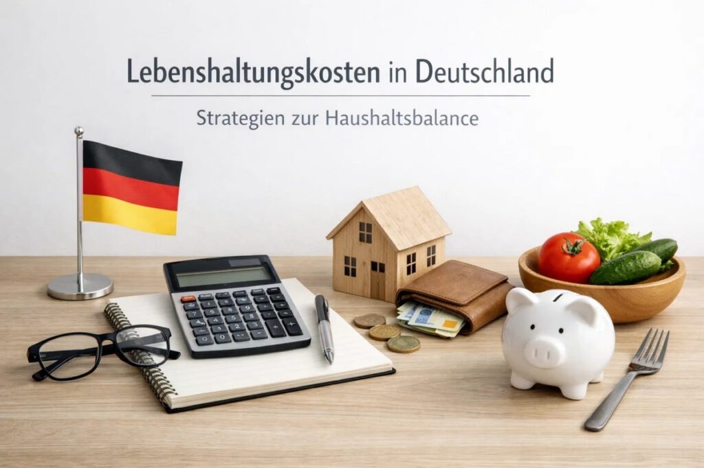Ein sorgfältig arrangiertes Stillleben auf einem Holztisch zeigt verschiedene Symbole für Finanzen und Lebenshaltungskosten in Deutschland: eine kleine deutsche Flagge, ein Taschenrechner auf einem Notizbuch mit Stift und Brille, ein Holzhausmodell neben einer Geldbörse mit Euro-Scheinen und Münzen sowie ein Sparschwein. Daneben steht eine Schale mit frischem Gemüse wie Tomaten, Gurken und Salat, begleitet von einer Gabel. Im Hintergrund befindet sich der Titel „Lebenshaltungskosten in Deutschland – Strategien zur Haushaltsbalance“, was die Verbindung zwischen Haushaltsplanung und Finanzen visuell unterstreicht.