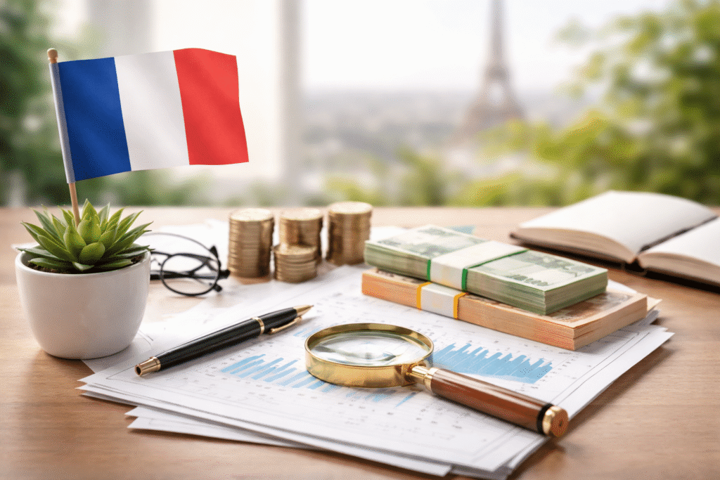Imagem realista de uma mesa de madeira clara com elementos financeiros organizados de forma minimalista, representando Investissements na França. Em primeiro plano, há uma lupa posicionada sobre documentos com gráficos sutis, acompanhada de uma caneta elegante e um par de óculos. Ao lado, pilhas de moedas e maços de dinheiro em euros indicam análise e gestão de capital. Um pequeno vaso com uma planta verde traz equilíbrio visual, enquanto uma bandeira francesa se destaca suavemente, reforçando o contexto geográfico. Ao fundo, desfocada, a Torre Eiffel aparece discretamente, criando profundidade e associação com o cenário francês. A iluminação é suave e natural, com contraste equilibrado e poucos elementos, transmitindo clareza, foco e segurança no processo de decisão financeira.