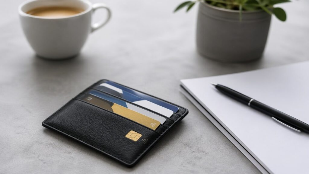L’image montre un porte-cartes avec plusieurs cartes de paiement posé sur une table minimaliste, accompagné d’un café et d’un carnet. Elle illustre une approche moderne et organisée de la gestion financière, en lien avec le choix réfléchi d’une carte de crédit adaptée.