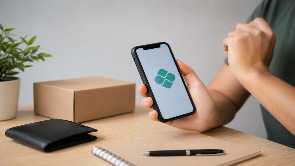 Pessoa segurando smartphone com símbolo do Pix em ambiente minimalista, ao lado de carteira, caixa de entrega e caderno sobre mesa clara, representando pagamento digital parcelado no Brasil.