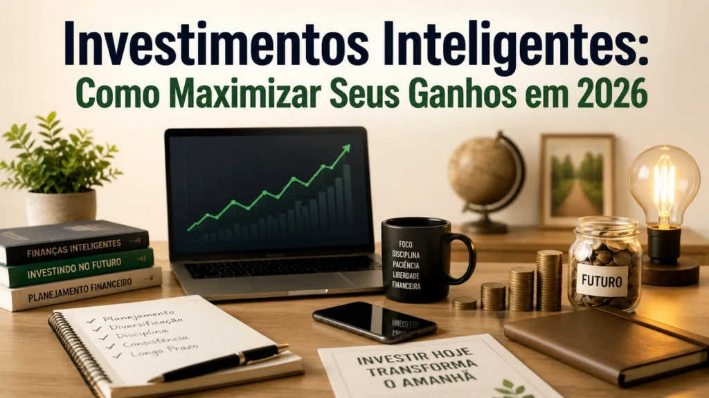 Banner sobre investimentos com o título “Investimentos Inteligentes: Como Maximizar Seus Ganhos em 2026” em destaque na parte superior. Em uma mesa de trabalho moderna aparecem notebook com tendência de crescimento financeiro, pilhas de moedas organizadas em sequência crescente, pote de moedas identificado como futuro, livros sobre finanças, bloco de anotações com planejamento financeiro, smartphone, caneca com mensagens de disciplina financeira, luminária decorativa e planta. Ambiente minimalista, profissional e bem iluminado, representando planejamento, educação financeira e investimentos de longo prazo.