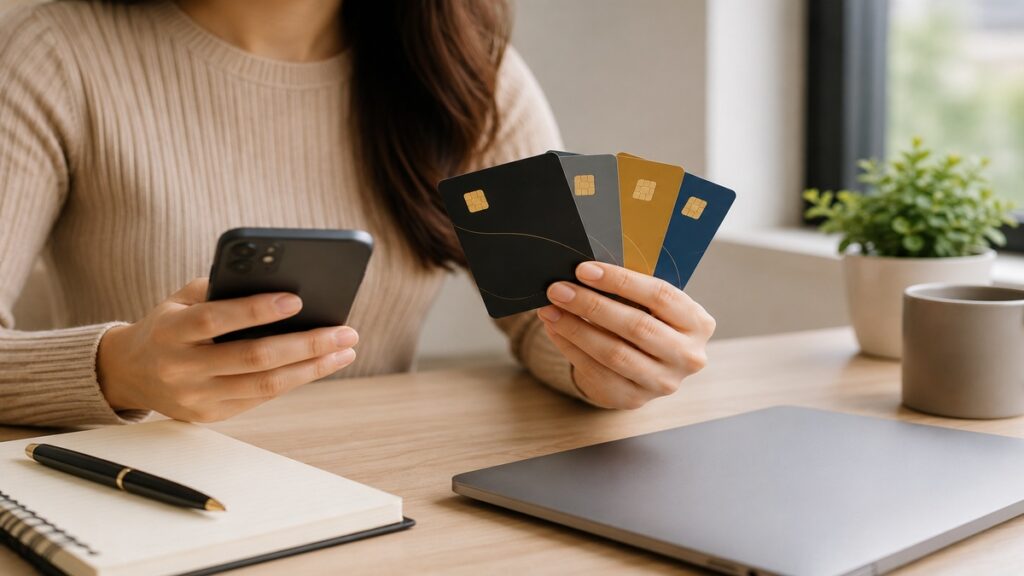 Pessoa analisando diferentes opções de cartão de crédito enquanto consulta informações em um smartphone em um ambiente de trabalho organizado. Sobre a mesa há um notebook fechado, bloco de anotações e uma planta decorativa, compondo uma cena minimalista e profissional. A imagem representa o processo de comparação de cartões de crédito disponíveis no mercado, destacando a avaliação de benefícios, condições de uso e adequação às necessidades financeiras do consumidor antes da contratação.