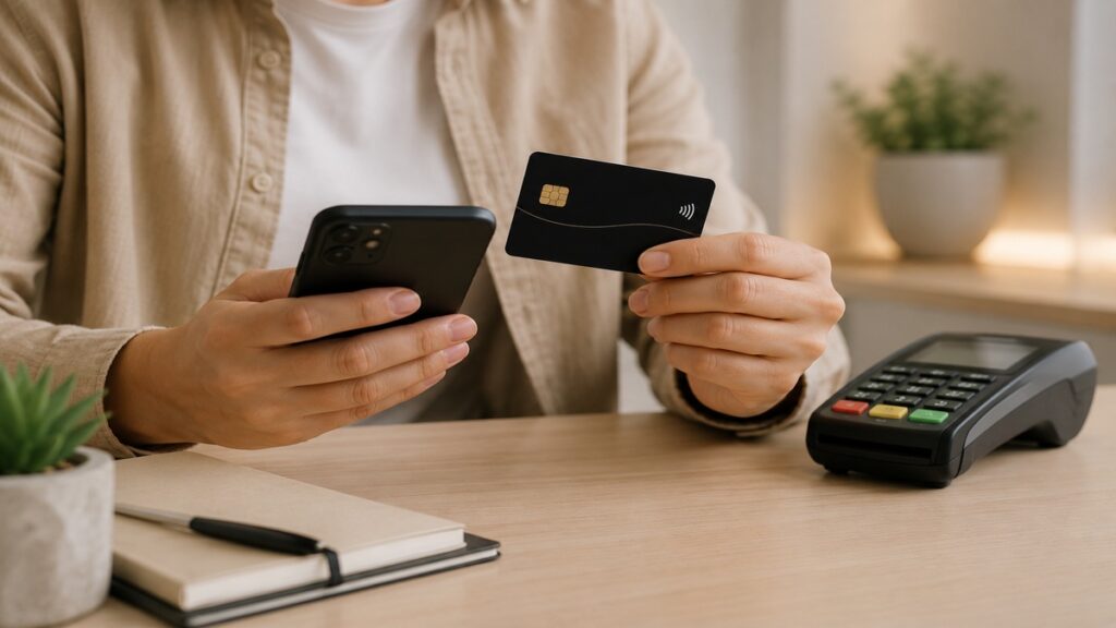 Pessoa utilizando um smartphone enquanto segura um cartão de crédito em um ambiente moderno e minimalista. Sobre a mesa há um bloco de anotações e uma máquina de pagamento por aproximação, reforçando o contexto de soluções financeiras digitais. A composição destaca a integração entre dispositivos móveis e cartão de crédito, representando inovações tecnológicas que facilitam pagamentos, gestão financeira e compras no dia a dia com praticidade e segurança.