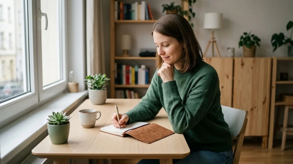 Woman in a green sweater writing in a leather journal at a desk near a window.