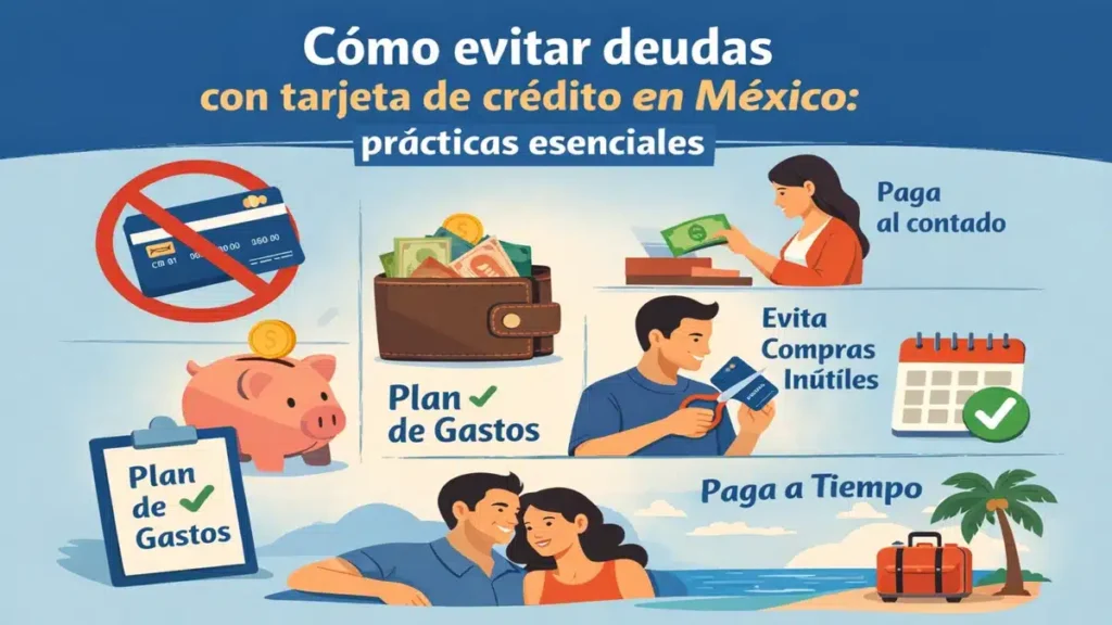 Ilustración sobre cómo evitar deudas con tarjeta de crédito en México, mostrando consejos como pagar al contado, planificar gastos, evitar compras innecesarias y pagar a tiempo, con elementos financieros y personajes ilustrados.