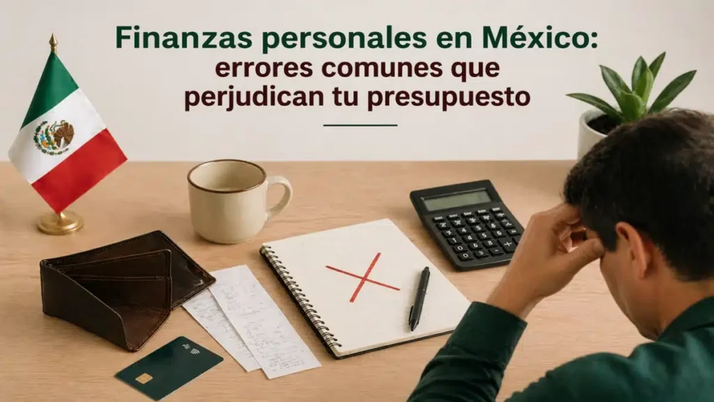Hombre revisando sus finanzas personales en México con calculadora, recibos, cartera y libreta con error marcado, ilustrando errores comunes que afectan el presupuesto personal