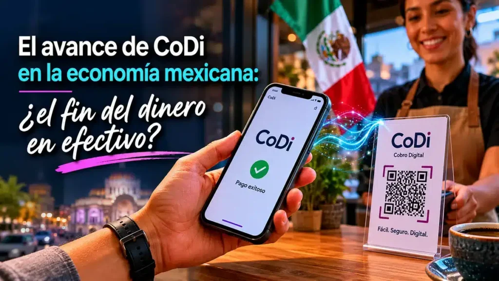 Pago digital con CoDi en cafetería moderna de México, representación del crecimiento de los pagos electrónicos y la reducción del uso de efectivo en la economía mexicana.