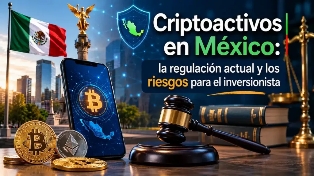 Representación moderna de criptomonedas en México con símbolos legales, monedas digitales y elementos financieros que ilustran la regulación actual y los riesgos para inversionistas mexicanos.