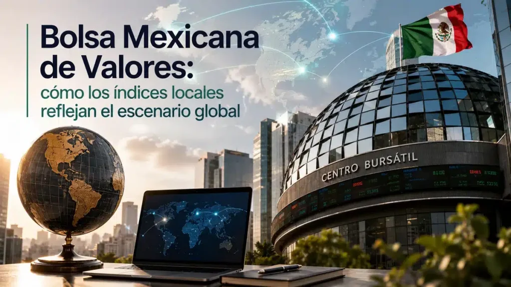 Edificio de la Bolsa Mexicana de Valores con elementos financieros globales y tecnología moderna, representación del impacto de los índices locales en el escenario económico internacional.