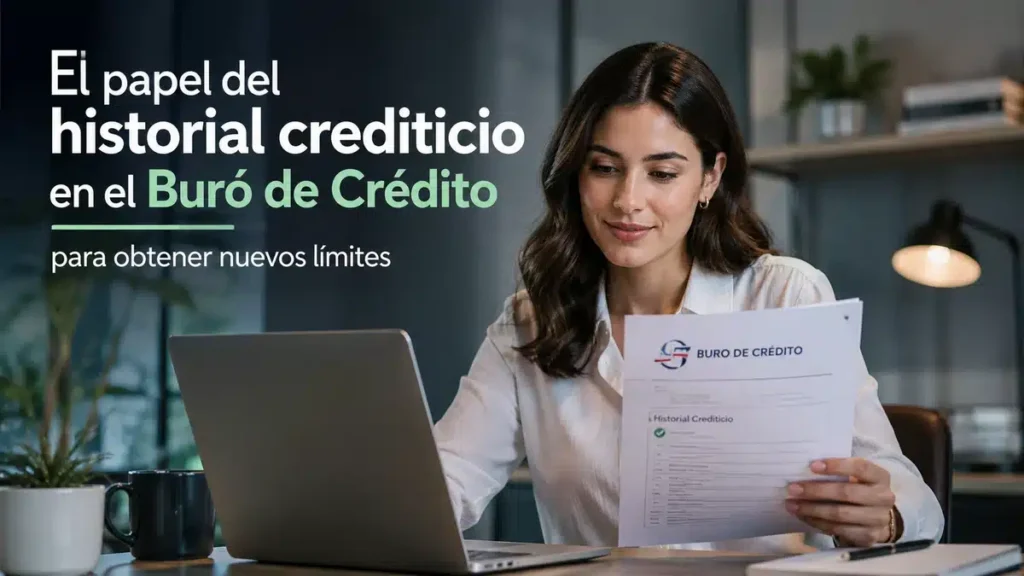Mujer revisando historial crediticio del Buró de Crédito en oficina moderna, representación profesional de evaluación financiera para obtener nuevos límites de crédito en México.