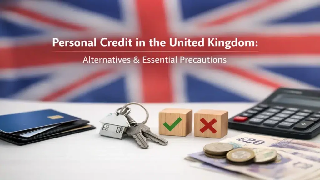 Concept of personal credit in the United Kingdom showing UK flag background, credit cards, house keys, calculator, cash and coins, with check and cross symbols representing financial decisions, loan alternatives and essential precautions.