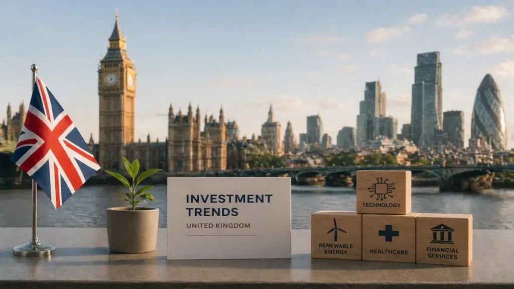 Minimalist London skyline with Big Ben and modern financial district, featuring investment concept with UK flag, plant and wooden blocks representing technology, renewable energy, healthcare and financial services sectors