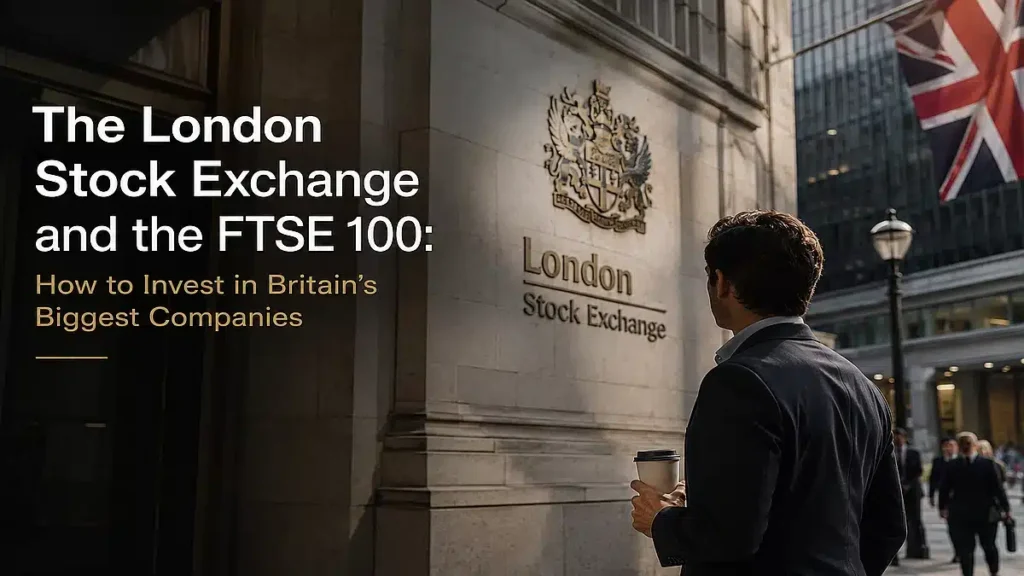 Business professional standing outside the London Stock Exchange in the financial district, representing investment opportunities in FTSE 100 companies and the British stock market.