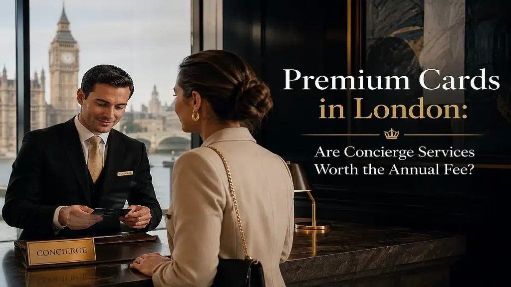 Luxury hotel concierge assisting a premium cardholder in London with exclusive travel and lifestyle services, highlighting upscale credit card benefits and concierge experiences.