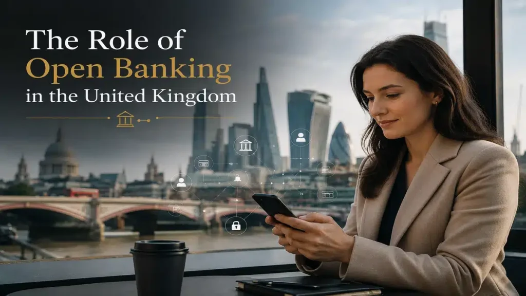 Elegant editorial image about the role of Open Banking in the United Kingdom, showing a professional woman using mobile banking technology with the London skyline and fintech connectivity icons in a modern financial setting.