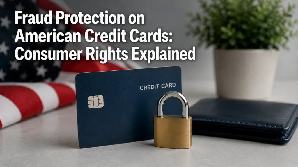 Minimalist and realistic banner about credit card fraud protection in the United States, featuring a dark blue credit card beside a metallic padlock and a wallet on a clean desk surface. A softly blurred American flag appears in the background along with a small plant, creating a professional financial security atmosphere. Large white title text overlays the upper-left portion of the image reading “Fraud Protection on American Credit Cards: Consumer Rights Explained.” The composition emphasizes consumer safety, digital security, and financial trust related to credit card usage.