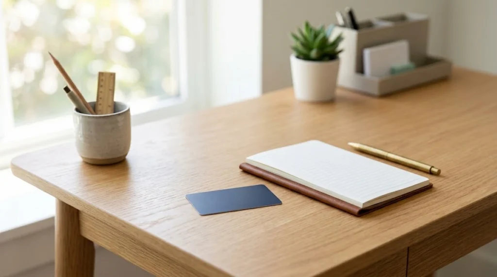 A realistic, minimalist photo of a light wooden desk bathed in natural morning sunlight. On the table sits a sleek, dark metallic credit card next to an open notebook with a pen rested on top. Nearby, a ceramic mug of warm coffee and a pair of reading glasses sit neatly. In the blurred background, a window overlooks a calm interior space. The setting is clean, balanced, and free of clutter or text, conveying a sense of order and intentional planning.