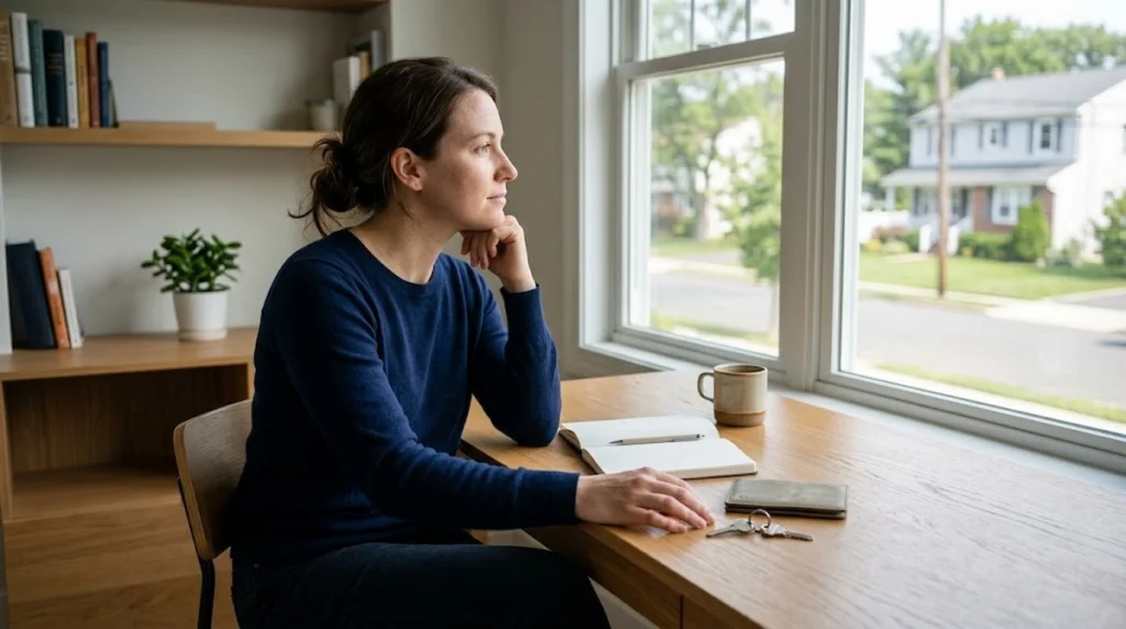 A thoughtful woman sits at a clean, minimalist wooden desk next to a large window, looking out toward a residential suburban street with houses. On the desk in front of her are a small key, a closed leather wallet, an open notebook with a pen, and a ceramic mug. Modern, organized bookshelves stand in the softly lit room, creating a calm and reflective atmosphere focused on long-term decision-making.