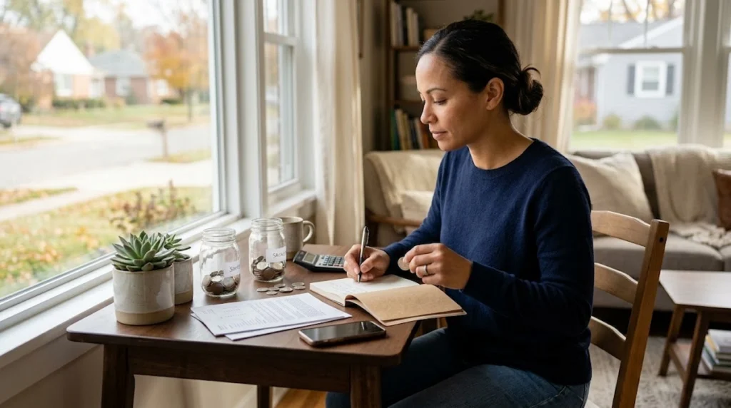 A realistic, high-contrast, minimalist photograph depicting financial resilience in the United States. A calm woman sits at a wooden table near a bright window in a cozy home, writing thoughtfully in a notebook. On the desk are two clear glass jars containing coins, a small green succulent plant, a pen, and a closed smartphone. Outside the window, a quiet American residential neighborhood with green trees and houses is visible in soft daylight. The scene uses warm tones, balanced lighting, and clean, defined elements to convey planning and stability without text, graphics, or visual noise.