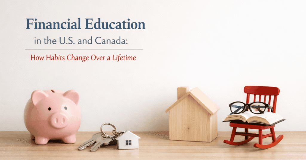 Pink piggy bank, house key with small house-shaped keychain, wooden house model, and red rocking chair with open book and glasses on a table, under the headline “Financial Education in the U.S. and Canada: How Habits Change Over a Lifetime.