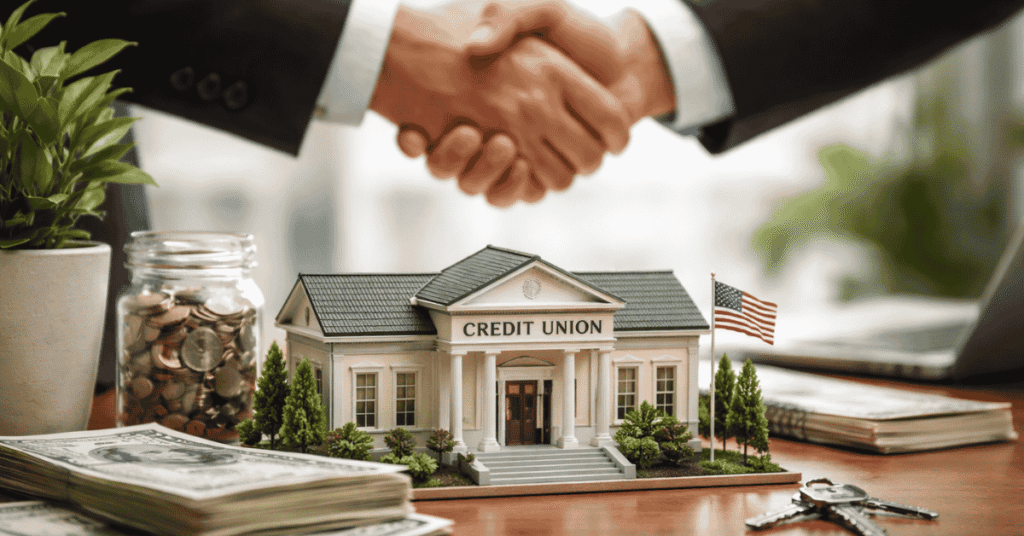 Two business professionals shaking hands above a desk with a model building labeled “Credit Union,” symbolizing a financial agreement or investment partnership. On the table are stacks of U.S. dollar bills, a jar filled with coins, house keys, and a small American flag. The image represents banking relationships, credit union investments, real estate financing, and financial growth in the United States.