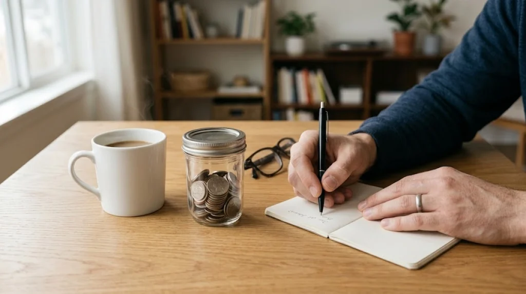 Fotografia realista e de estilo minimalista sob luz natural suave. Sobre uma mesa de madeira clara e organizada, a mão de uma pessoa segura uma caneta enquanto anota em um pequeno bloco de notas aberto. Ao lado do caderno, há um pote de vidro transparente contendo algumas moedas empilhadas de forma organizada, uma xícara de café de cerâmica e um par de óculos de leitura dobrado. O cenário é limpo e equilibrado, sem poluição visual, transmitindo uma sensação de organização, foco e hábitos financeiros conscientes no dia a dia.