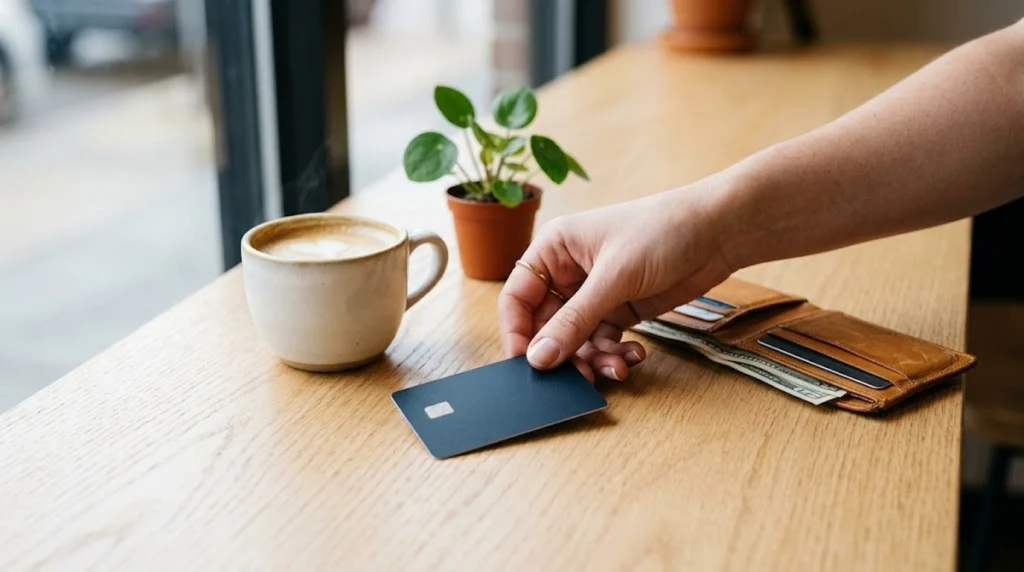 A person's hand reaches out to place a matte black credit card onto a light wooden counter in a cafe next to an open tan leather wallet filled with US dollar bills.