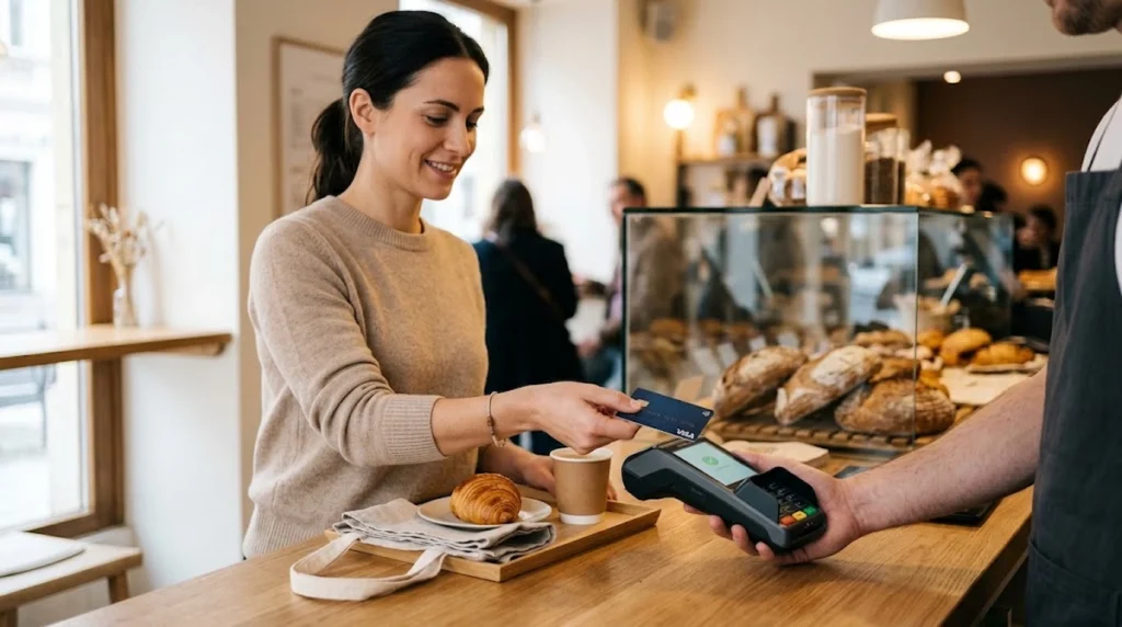A smiling woman with dark hair tied back in a low ponytail wears a beige sweater as she taps a dark blue Visa credit card on a payment terminal held by a barista