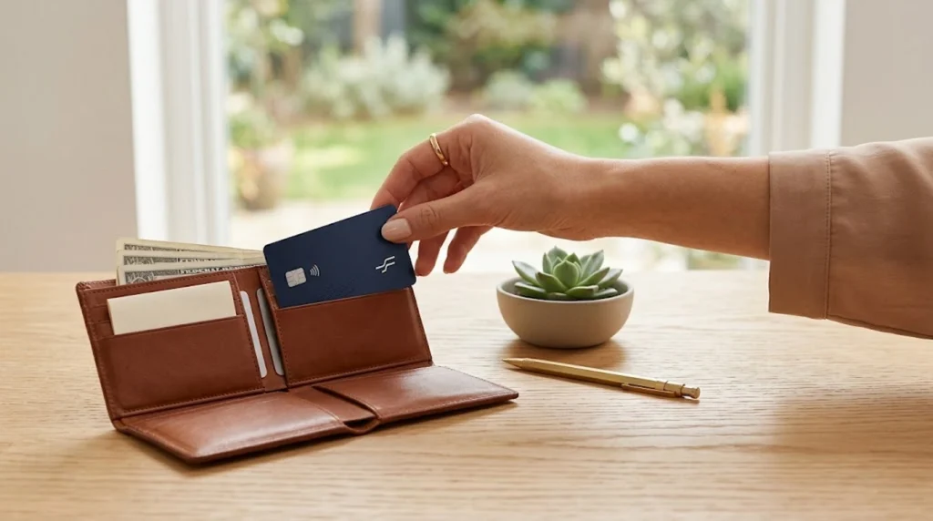 Hand pulls blue credit card from open brown leather wallet on wooden desk.