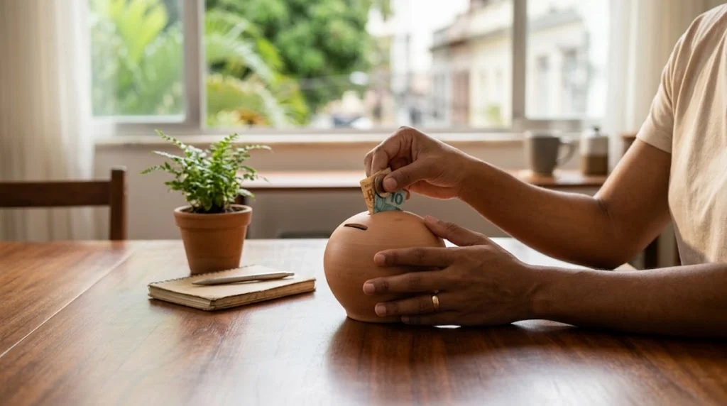 Foto realista e minimalista focada em uma pessoa sentada à mesa de madeira em um ambiente residencial iluminado por luz natural. Com uma das mãos, a pessoa segura firmemente um cofre esférico de argila artesanal, enquanto com a outra mão insere cuidadosamente uma nota dobrada de Real na fenda do cofre. Sobre a mesa, ao lado do cofre, há um bloco de anotações fechado de capa parda com uma caneta metálica prateada em cima e um vaso de cerâmica com uma pequena samambaia verde. Ao fundo, uma janela ampla revela suavemente vegetação e casas de um bairro residencial. A composição transmite planejamento, disciplina e organização financeira no dia a dia.