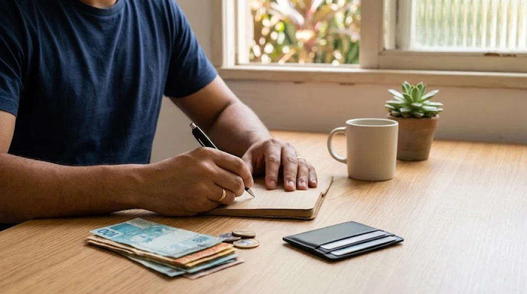 Foto realista e minimalista focada nas mãos de uma pessoa de camisa azul marinho sentada à mesa de madeira clara, escrevendo em um caderno aberto com uma caneta preta. Sobre a mesa, em primeiro plano, vê-se um maço de notas de Real brasileiro (notas de 100, 50, 20 e 10 Reais), algumas moedas esparsas e uma carteira preta aberta com cartões. Ao fundo, uma caneca branca e um vaso de suculenta estão sobre a mesa perto de uma janela com luz natural suave. A composição transmite planejamento e reflexão antes de assumir uma dívida.