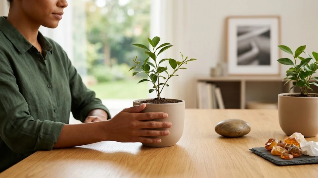 Uma fotografia realista e minimalista de uma pessoa sentada em uma mesa de madeira. Ela segura com as duas mãos um vaso de cerâmica de cor creme, de onde brota uma jovem e saudável planta verde com várias folhas, simbolizando o crescimento sustentável. Sobre a mesa, em frente a ela, estão dispostas várias peças: uma pedra lisa e polida, representando estabilidade e segurança; uma pequena coleção de âmbares naturais e cristais brancos e coloridos, aludindo à diversidade de ativos e ao valor acumulado; e, mais à direita, um segundo vaso com uma planta semelhante em estágio avançado de crescimento, indicando o progresso e o futuro. A iluminação é natural e suave, vinda de uma grande janela ao fundo que revela um jardim desfocado. A composição é limpa, sem textos ou gráficos, evocando equilíbrio e decisões ponderadas. A imagem está centralizada e os elementos têm boa definição.