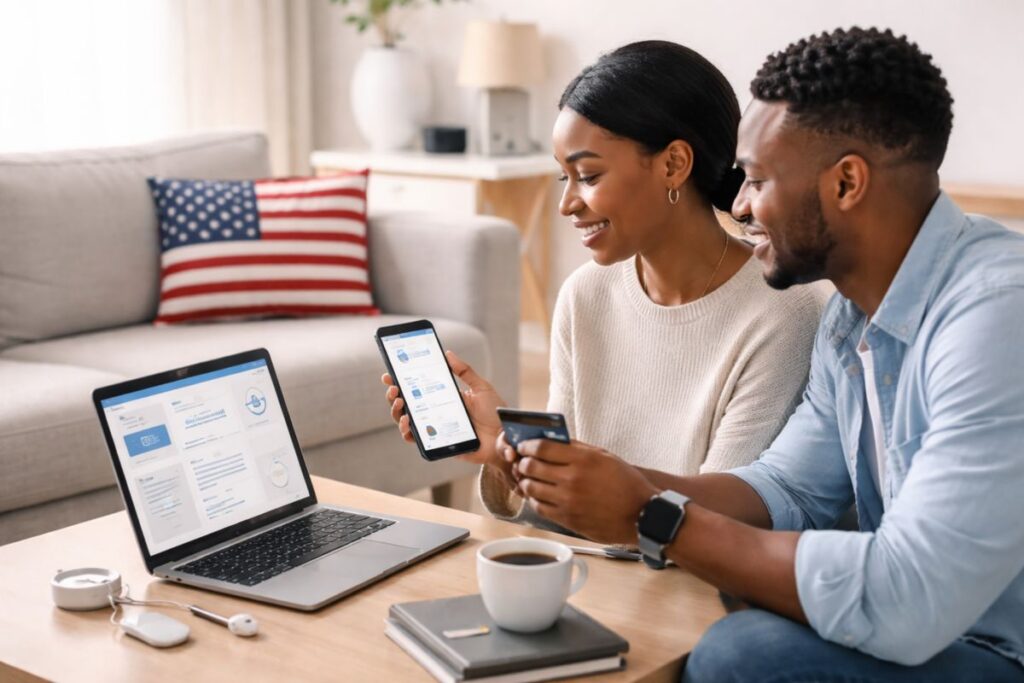 Finances management using digital banking apps on laptop and smartphone at home
