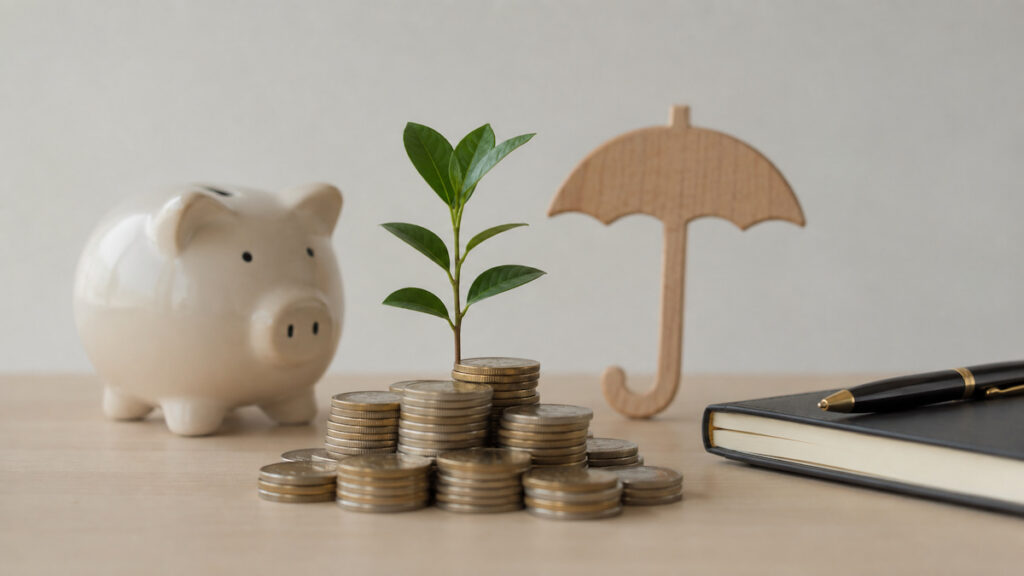 A minimalist, realistic still-life scene featuring a small green plant growing from neatly stacked coins on a light wooden surface. A white piggy bank sits softly out of focus on the left, while a simple wooden umbrella symbol and a closed notebook with a pen appear on the right. The neutral background, balanced lighting, and uncluttered composition convey themes of financial resilience, stability, growth, and long-term planning.