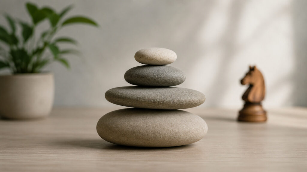 A minimalist, realistic scene featuring a balanced stack of smooth stones on a wooden surface, symbolizing stability and resilience. A blurred potted plant appears in the background on the left, while a wooden chess knight sits out of focus on the right, suggesting strategic decision-making. Soft natural light, neutral tones, and a shallow depth of field create a calm atmosphere with the stone stack as the central focus.