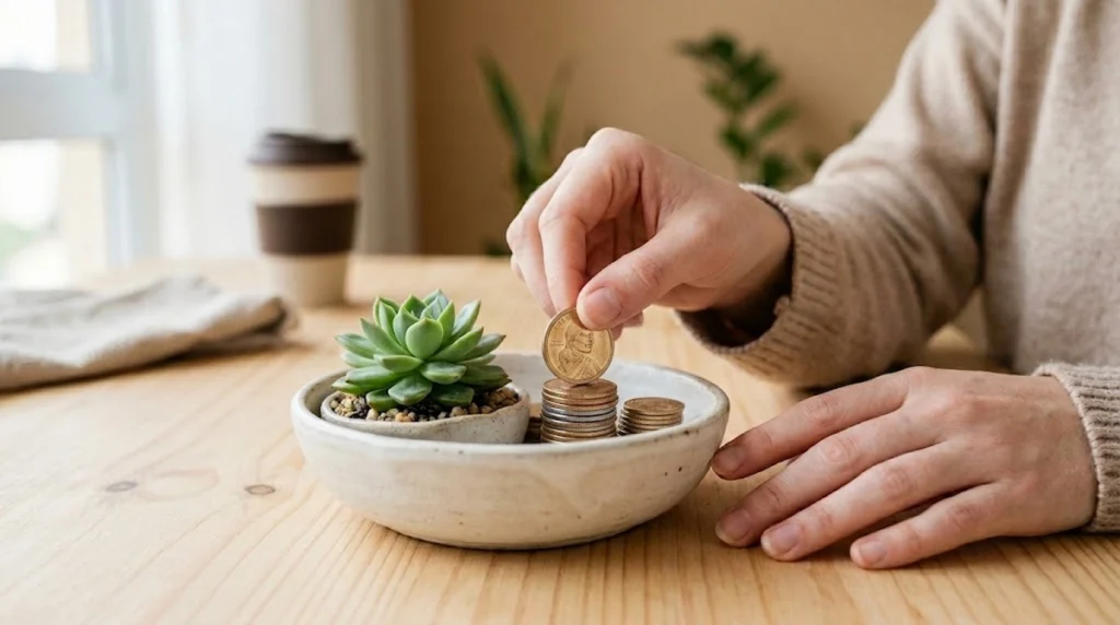 Close-up realistic photo of a person's hands at a wooden table in a brightly lit room. One hand carefully places a US dollar coin onto a small stack of coins inside a beige ceramic dish, alongside a small green succulent plant. In the background, out of focus, sits a reusable coffee cup. The scene is minimalist and clean, symbolizing small daily choices leading to financial growth and stability.