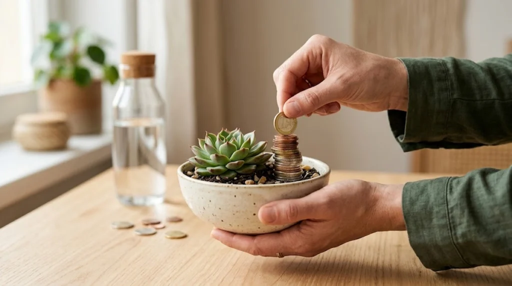 A realistic and minimalist photo showing a person’s hands gently holding a small beige ceramic bowl on a wooden table. Inside the bowl sits a healthy green succulent plant next to a neat stack of coins. One hand is carefully placing another coin on top of the stack. In the background, softly blurred natural light shines near a clear glass bottle of water, conveying a clean, peaceful atmosphere that symbolizes how steady daily choices lead to long-term financial growth and stability.