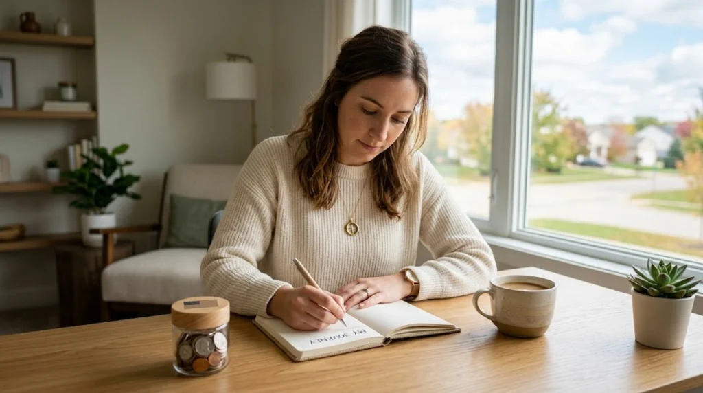 A realistic, minimalist photo of a person sitting at a bright wooden desk near a window, thoughtfully writing in an open notebook. On the table, there is a small glass jar containing American coins with a subtle U.S. flag detail on the lid, a coffee mug, and a potted succulent. The background shows a calm, warm interior with soft natural light.